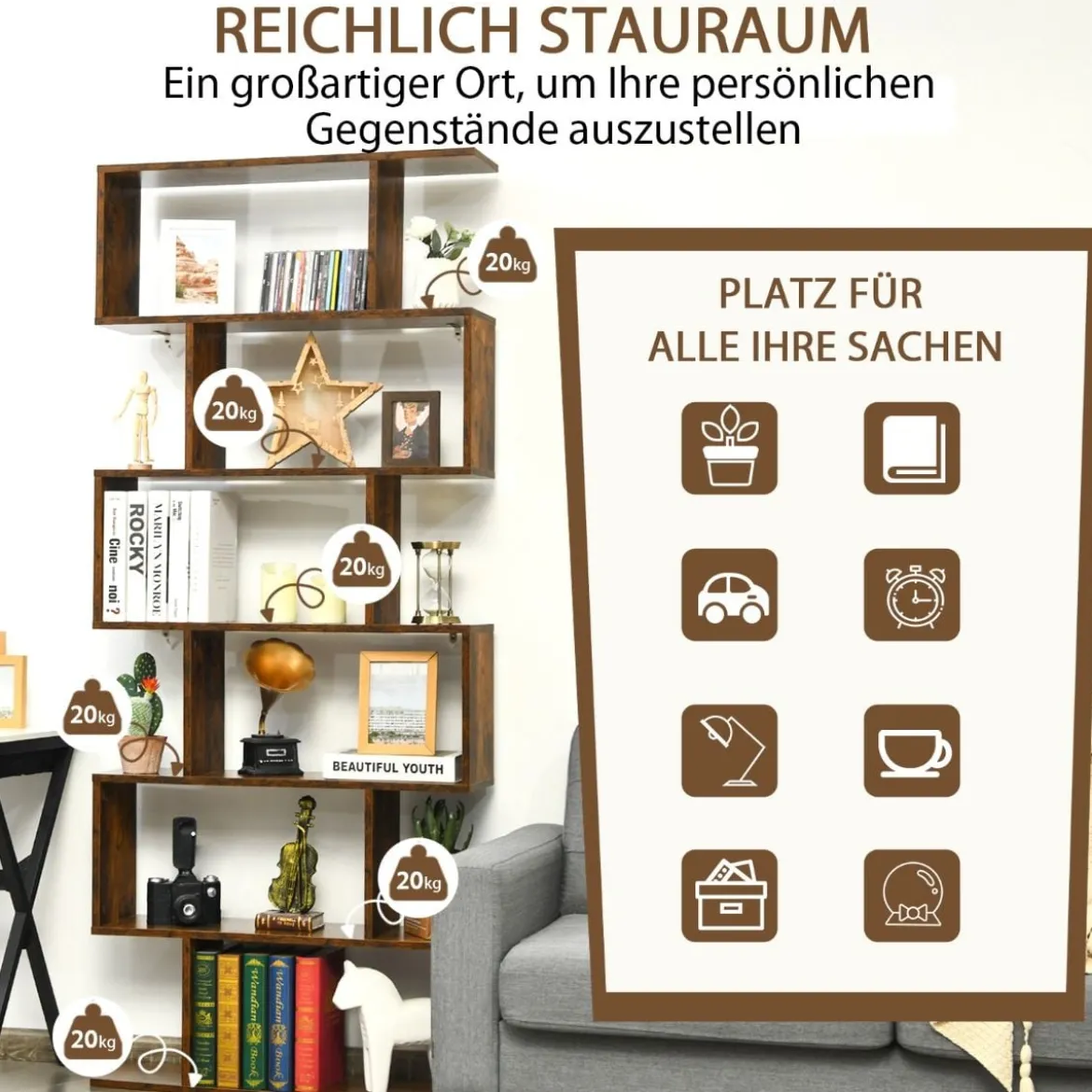 Bücherregal mit 6 Ebenen S-Form Standregal Freistehender Raumteiler Büroregal 80 x 23 x 192 cm