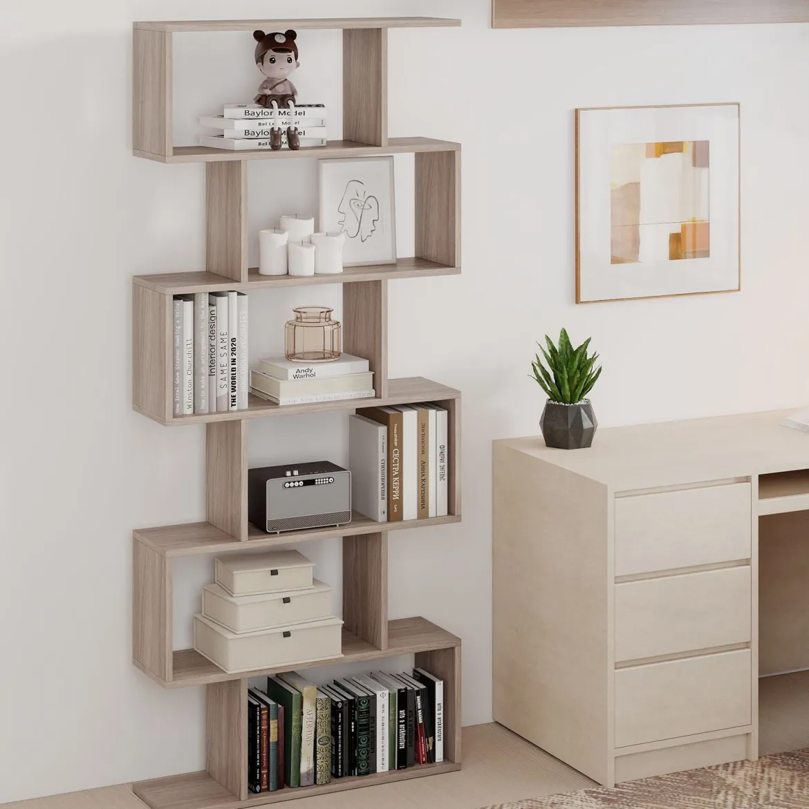Bücherregal mit 6 Ebenen S-Form Standregal Freistehender Raumteiler Büroregal 80 x 23 x 192 cm