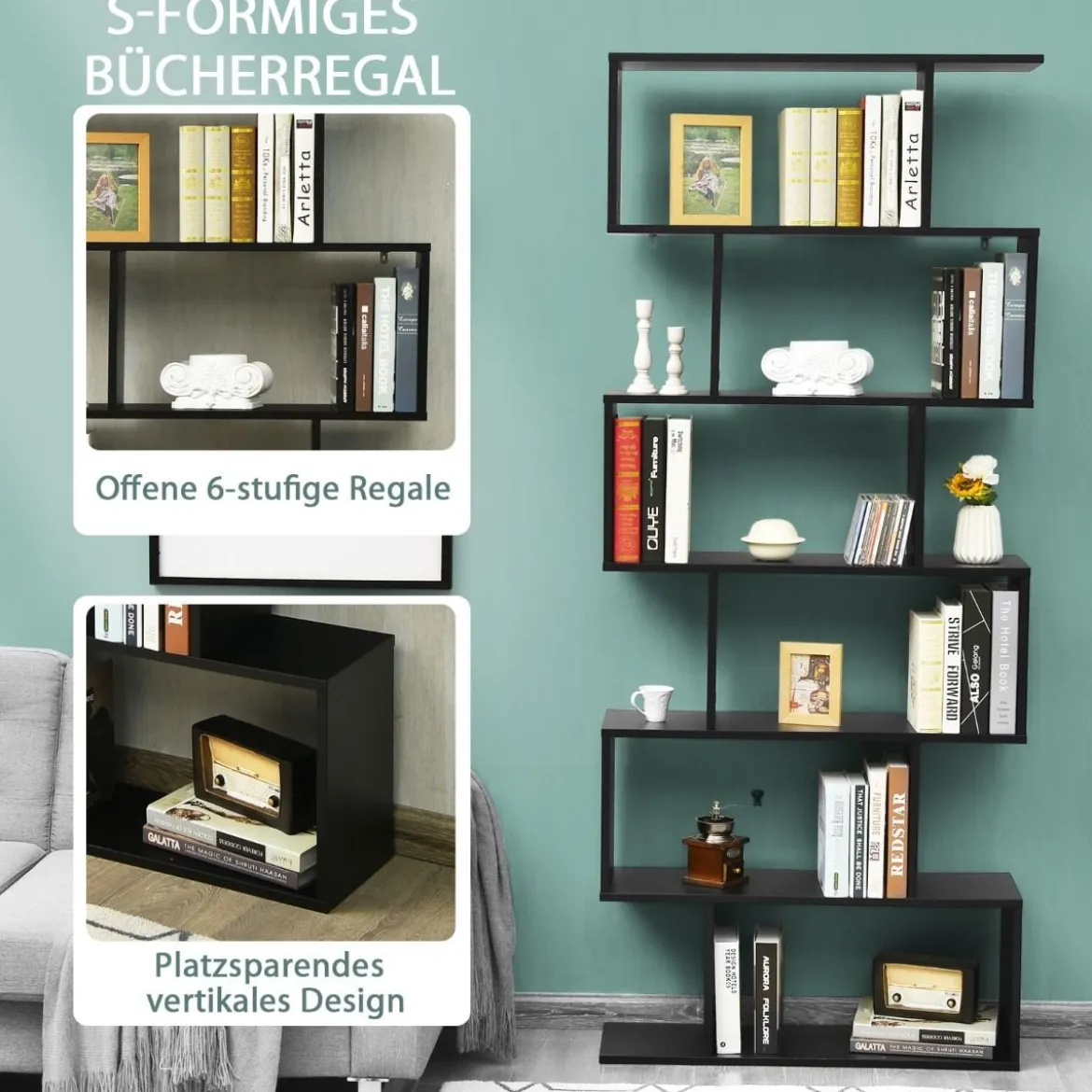 Bücherregal mit 6 Ebenen S-Form Standregal Freistehender Raumteiler Büroregal 80 x 23 x 192 cm