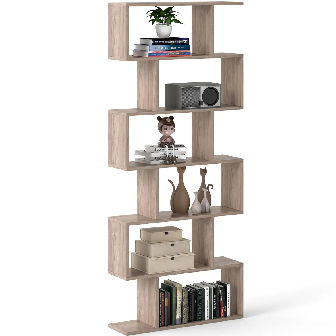 Bücherregal mit 6 Ebenen S-Form Standregal Freistehender Raumteiler Büroregal 80 x 23 x 192 cm