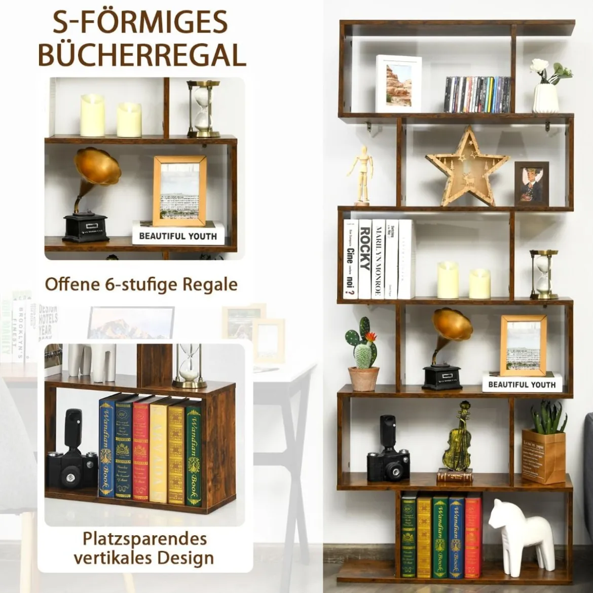 Bücherregal mit 6 Ebenen S-Form Standregal Freistehender Raumteiler Büroregal 80 x 23 x 192 cm