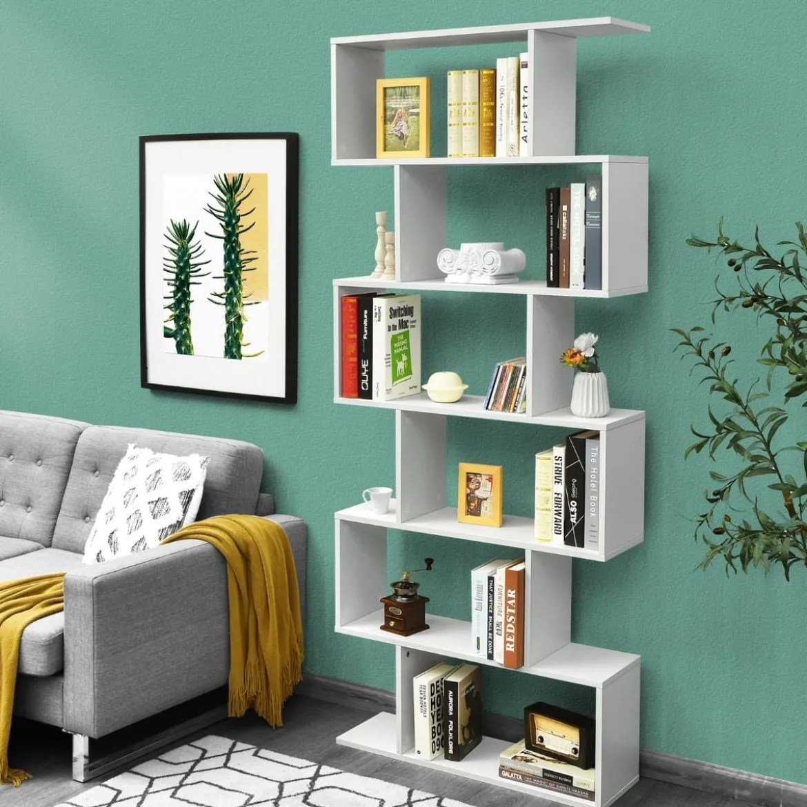 Bücherregal mit 6 Ebenen S-Form Standregal Freistehender Raumteiler Büroregal 80 x 23 x 192 cm