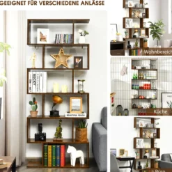 Bücherregal mit 6 Ebenen S-Form Standregal Freistehender Raumteiler Büroregal 80 x 23 x 192 cm