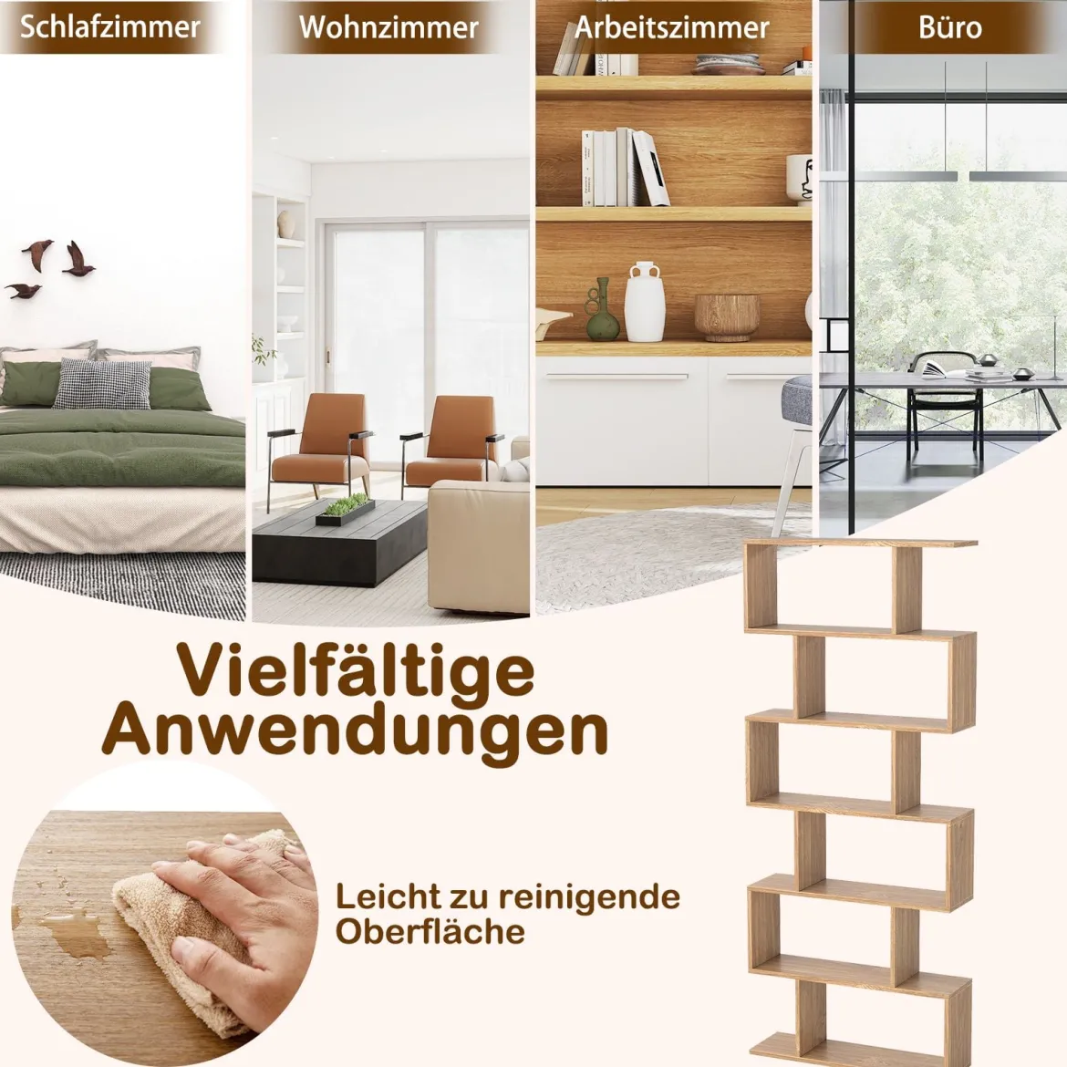 Bücherregal mit 6 Ebenen S-Form Standregal Freistehender Raumteiler Büroregal 80 x 23 x 192 cm