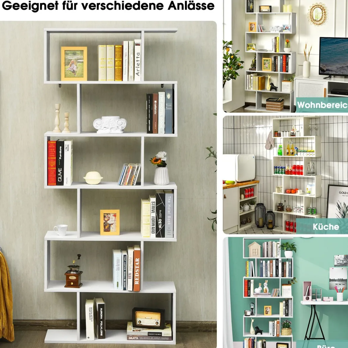 Bücherregal mit 6 Ebenen S-Form Standregal Freistehender Raumteiler Büroregal 80 x 23 x 192 cm