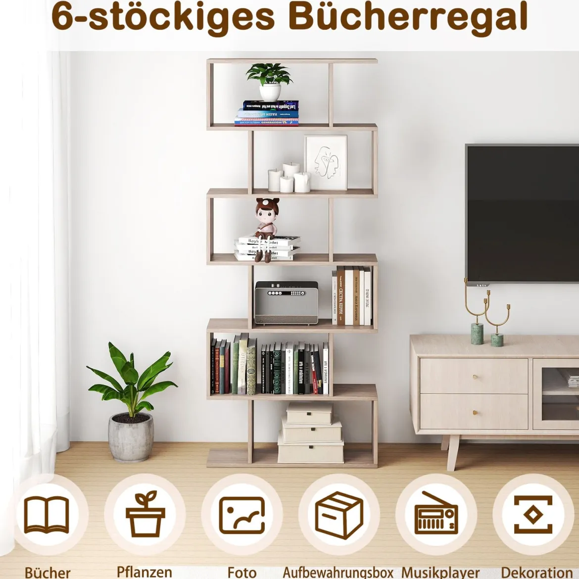 Bücherregal mit 6 Ebenen S-Form Standregal Freistehender Raumteiler Büroregal 80 x 23 x 192 cm