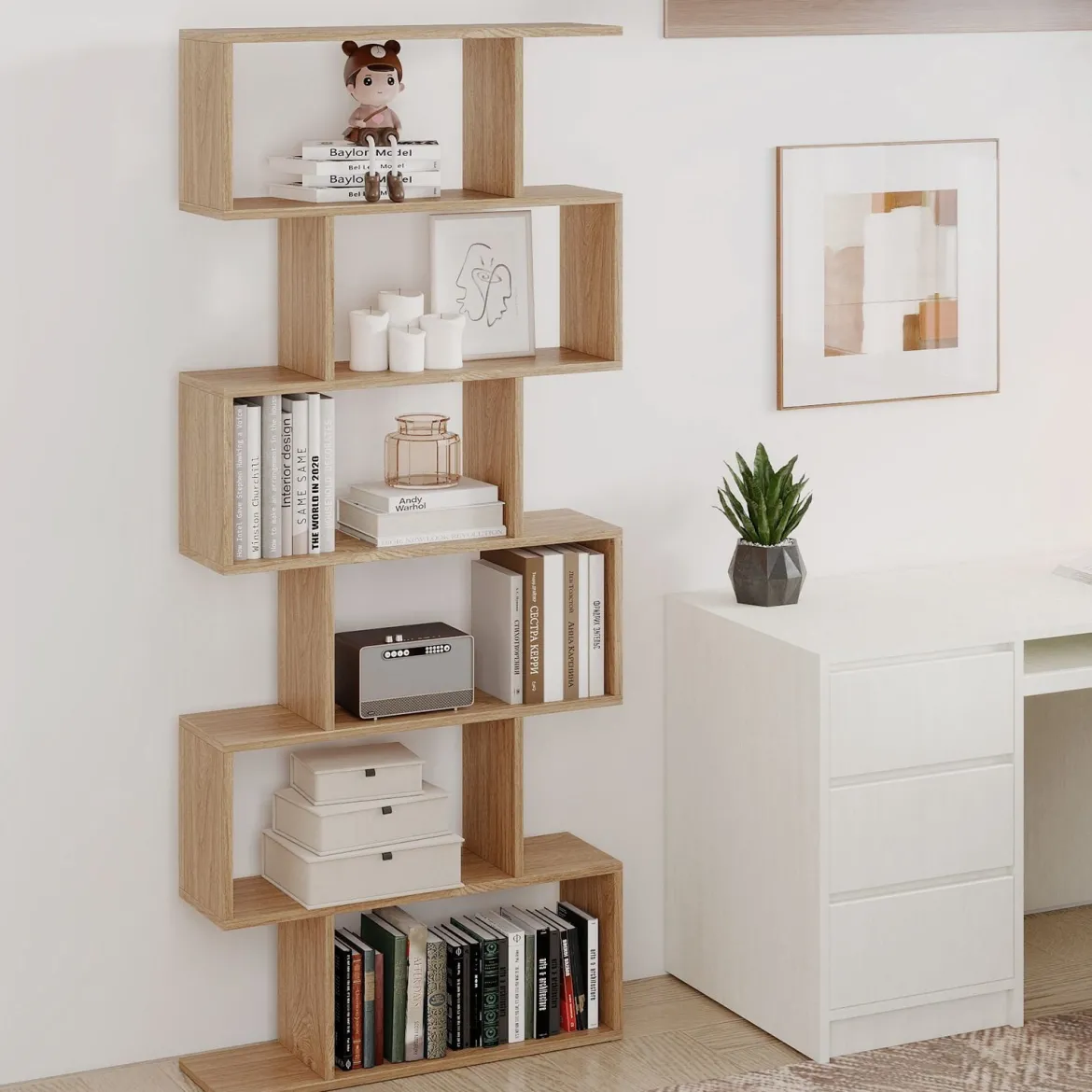 Bücherregal mit 6 Ebenen S-Form Standregal Freistehender Raumteiler Büroregal 80 x 23 x 192 cm