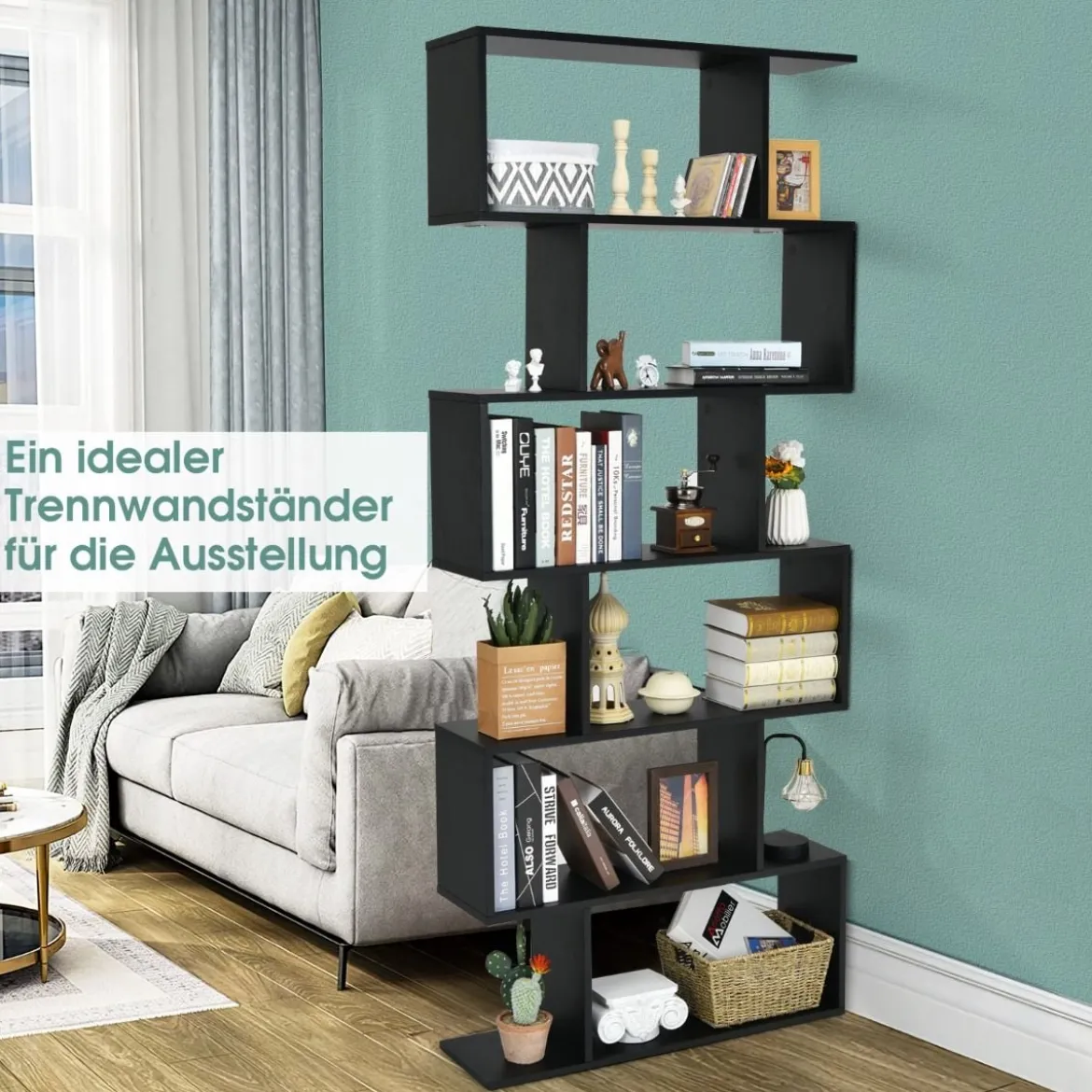 Bücherregal mit 6 Ebenen S-Form Standregal Freistehender Raumteiler Büroregal 80 x 23 x 192 cm