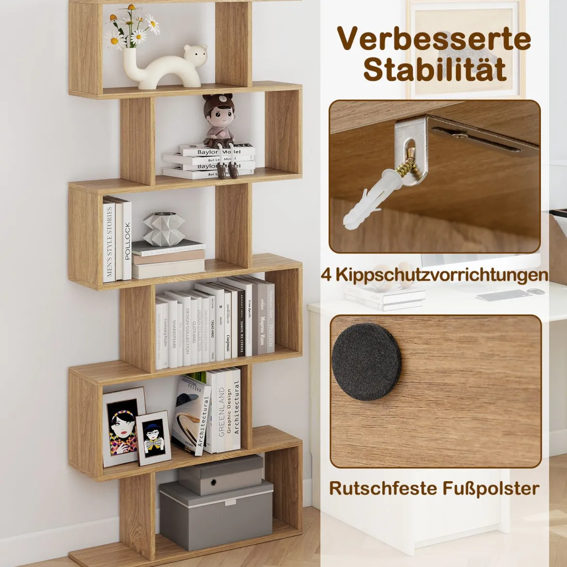 Bücherregal mit 6 Ebenen S-Form Standregal Freistehender Raumteiler Büroregal 80 x 23 x 192 cm