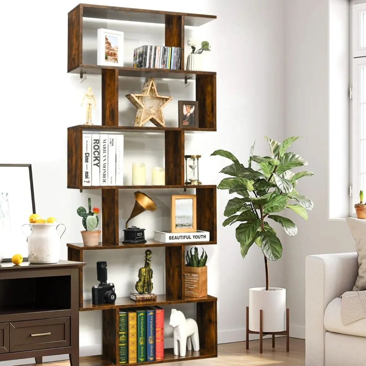 Bücherregal mit 6 Ebenen S-Form Standregal Freistehender Raumteiler Büroregal 80 x 23 x 192 cm