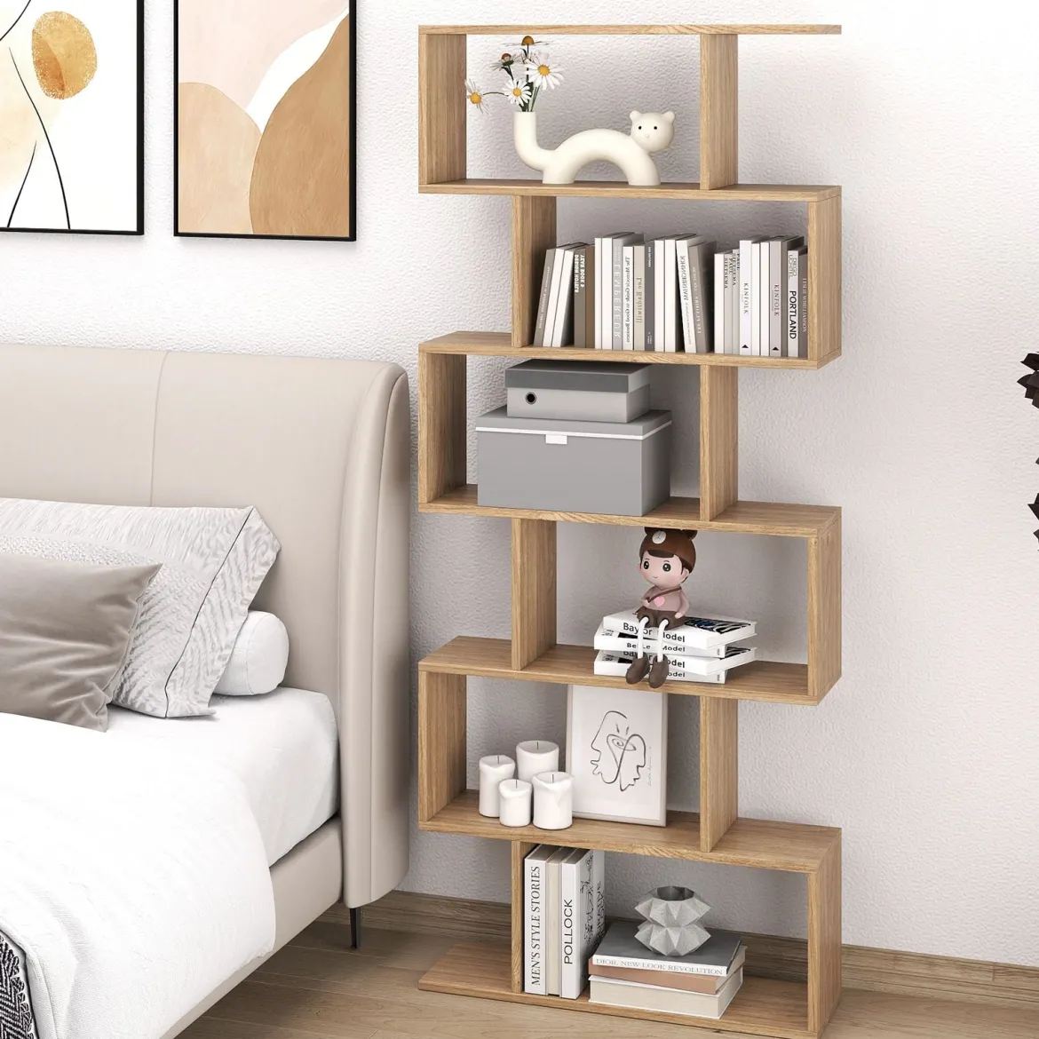 Bücherregal mit 6 Ebenen S-Form Standregal Freistehender Raumteiler Büroregal 80 x 23 x 192 cm