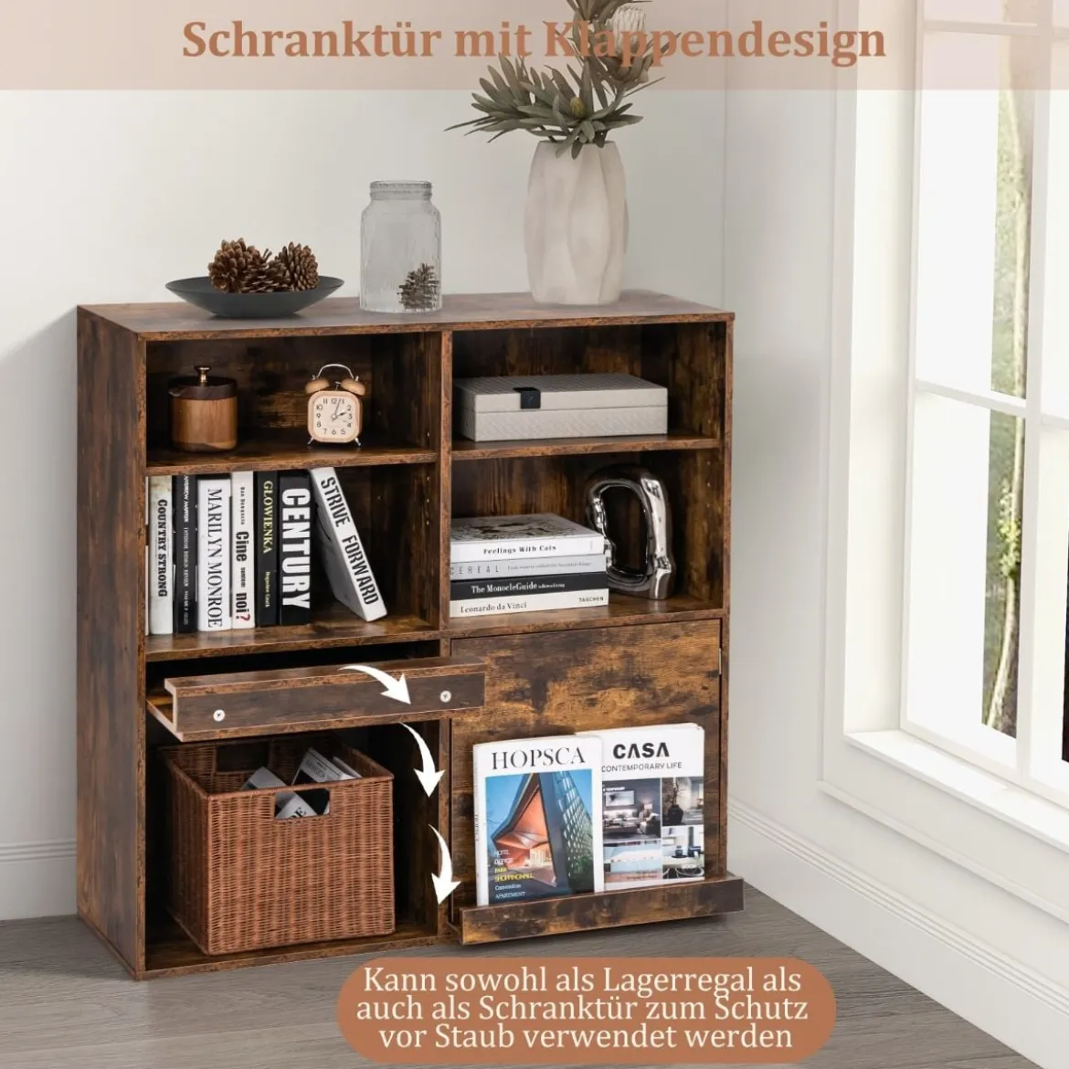 Bücherregal mit 6 Fächern & Ausziehbarem Regal Standregal 90 x 29,5 x 90 cm Vintagebraun