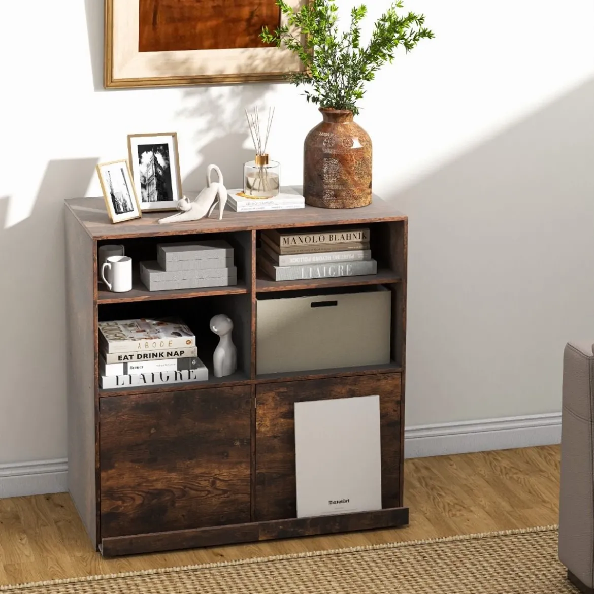 Bücherregal mit 6 Fächern & Ausziehbarem Regal Standregal 90 x 29,5 x 90 cm Vintagebraun