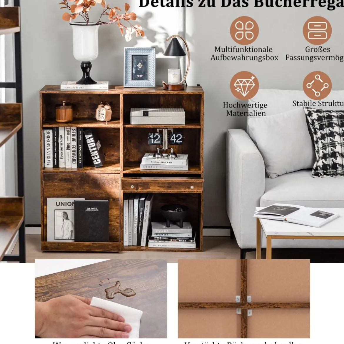 Bücherregal mit 6 Fächern & Ausziehbarem Regal Standregal 90 x 29,5 x 90 cm Vintagebraun
