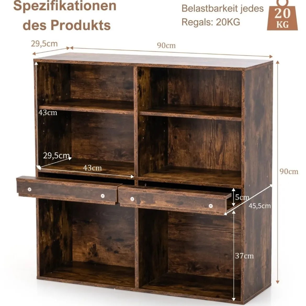 Bücherregal mit 6 Fächern & Ausziehbarem Regal Standregal 90 x 29,5 x 90 cm Vintagebraun