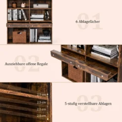 Bücherregal mit 6 Fächern & Ausziehbarem Regal Standregal 90 x 29,5 x 90 cm Vintagebraun