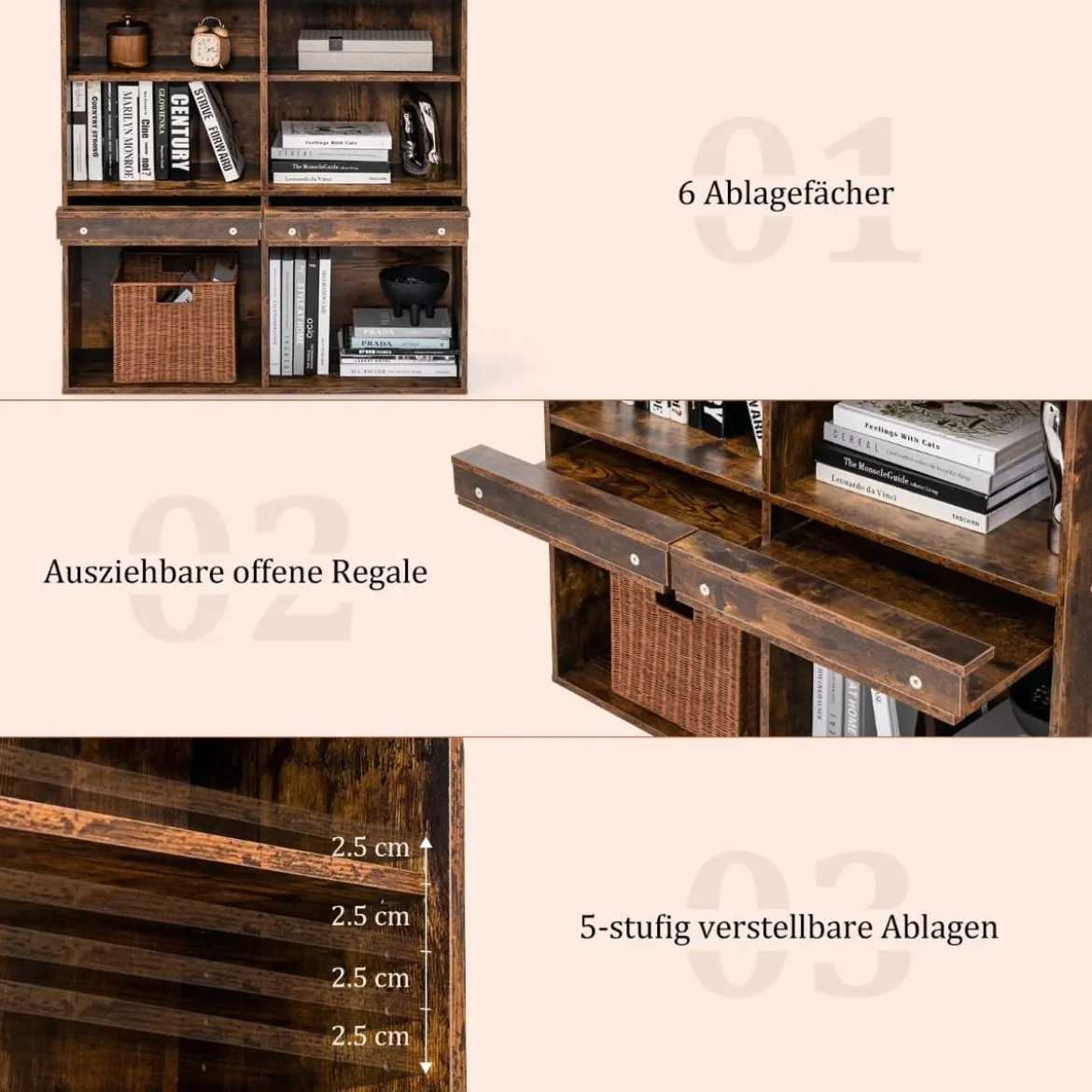 Bücherregal mit 6 Fächern & Ausziehbarem Regal Standregal 90 x 29,5 x 90 cm Vintagebraun