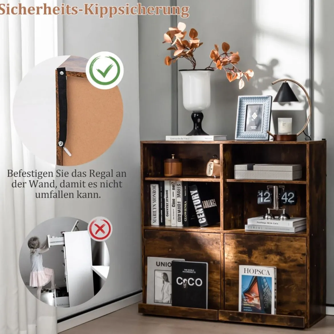 Bücherregal mit 6 Fächern & Ausziehbarem Regal Standregal 90 x 29,5 x 90 cm Vintagebraun