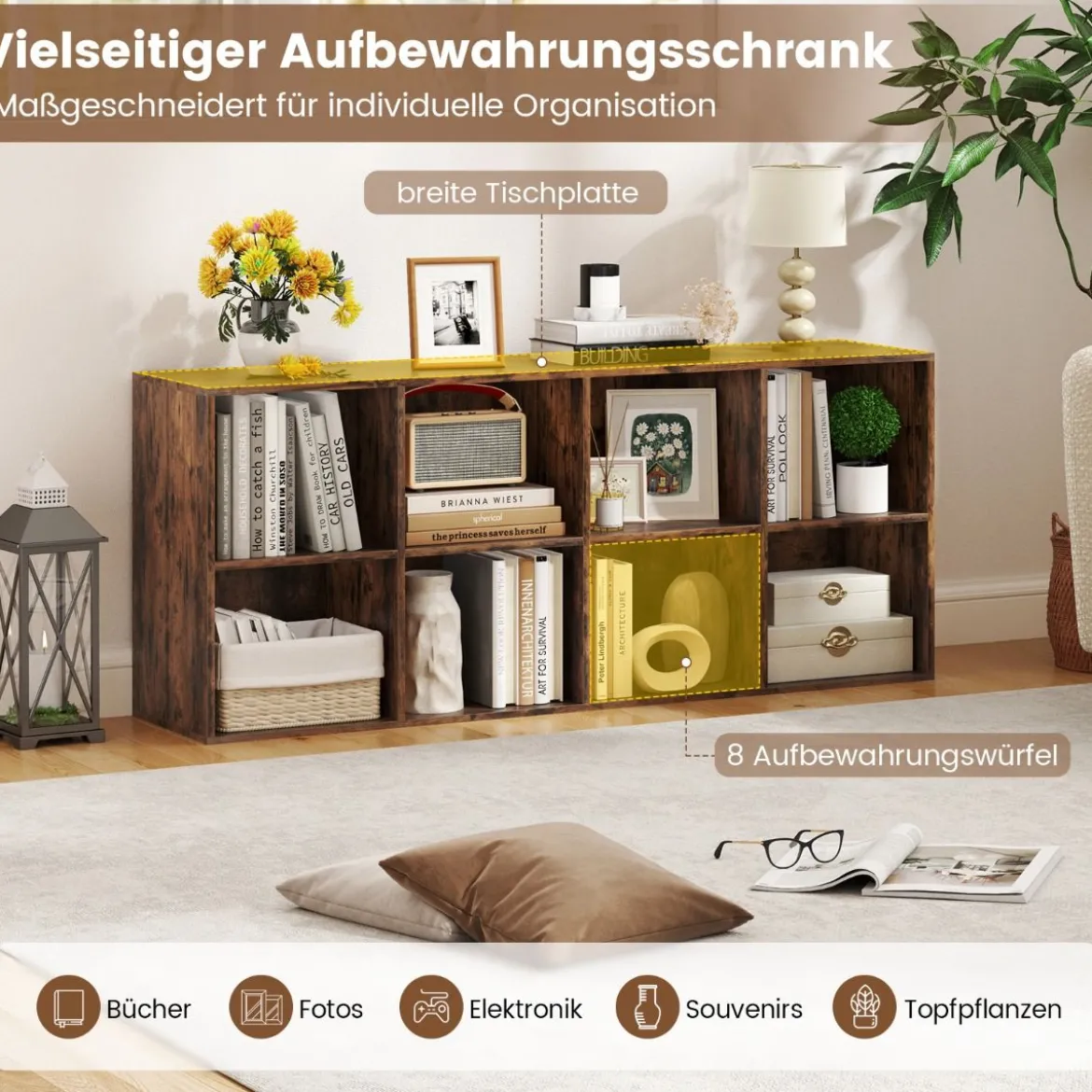 Bücherregal mit 8 Fächern Bücherschrank Büroregal Würfelregal Standregal 121,5 x 29 x 61 cm