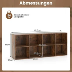 Bücherregal mit 8 Fächern Bücherschrank Büroregal Würfelregal Standregal 121,5 x 29 x 61 cm