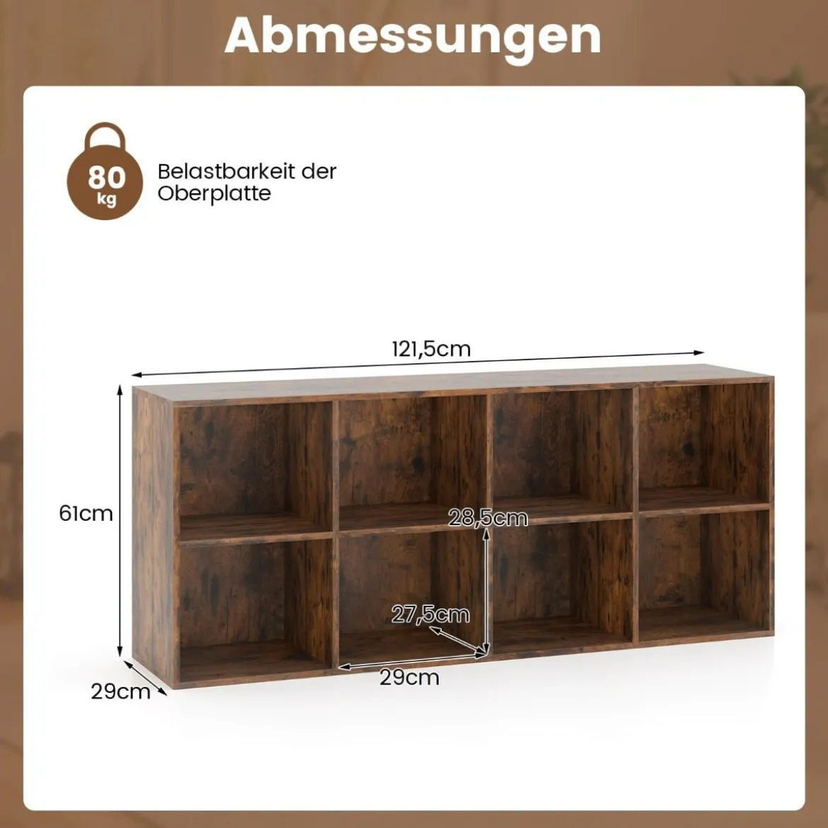 Bücherregal mit 8 Fächern Bücherschrank Büroregal Würfelregal Standregal 121,5 x 29 x 61 cm