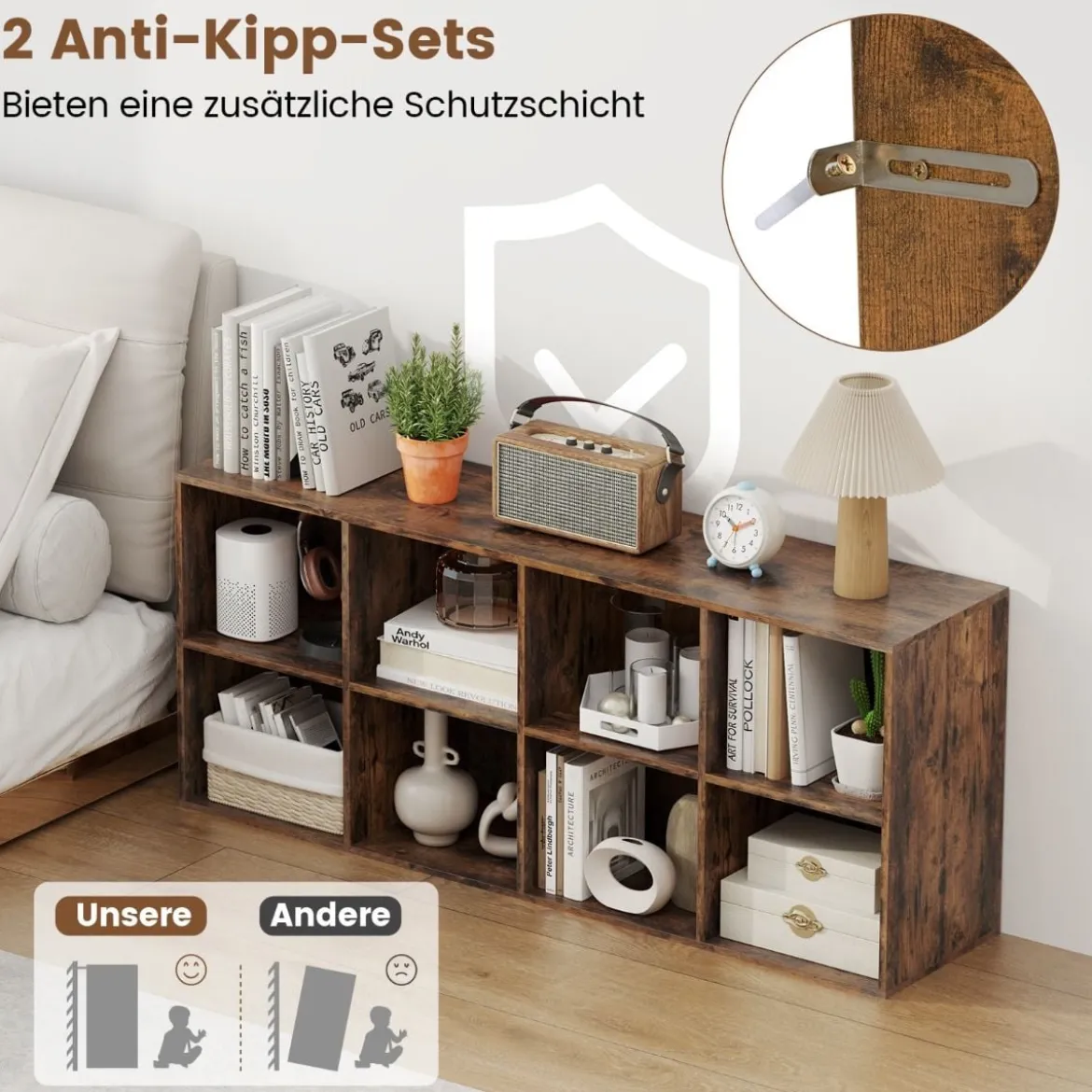 Bücherregal mit 8 Fächern Bücherschrank Büroregal Würfelregal Standregal 121,5 x 29 x 61 cm