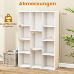 Bücherregal mit 11 Fächern Bücherschrank Büroregal Würfelregal 74 x 24 x 106 cm Weiß