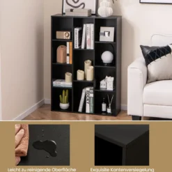 Bücherregal mit 11 Fächern Bücherschrank Büroregal Würfelregal 74 x 24 x 106 cm Schwarz