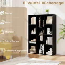 Bücherregal mit 11 Fächern Bücherschrank Büroregal Würfelregal 74 x 24 x 106 cm Schwarz