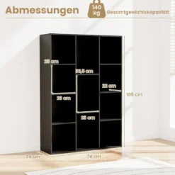 Bücherregal mit 11 Fächern Bücherschrank Büroregal Würfelregal 74 x 24 x 106 cm Schwarz