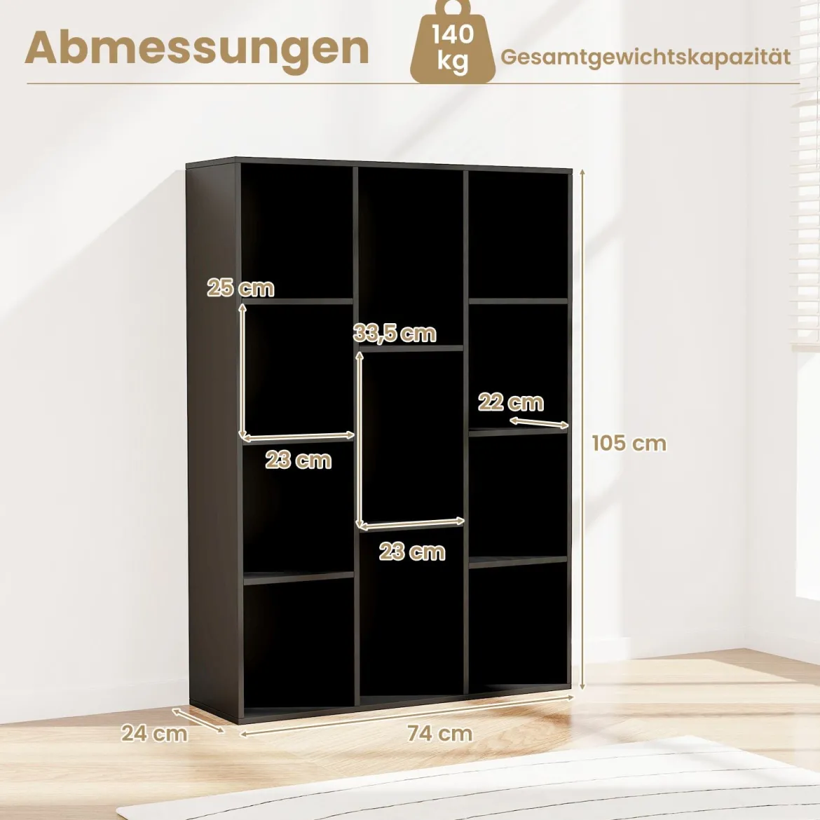 Bücherregal mit 11 Fächern Bücherschrank Büroregal Würfelregal 74 x 24 x 106 cm Schwarz
