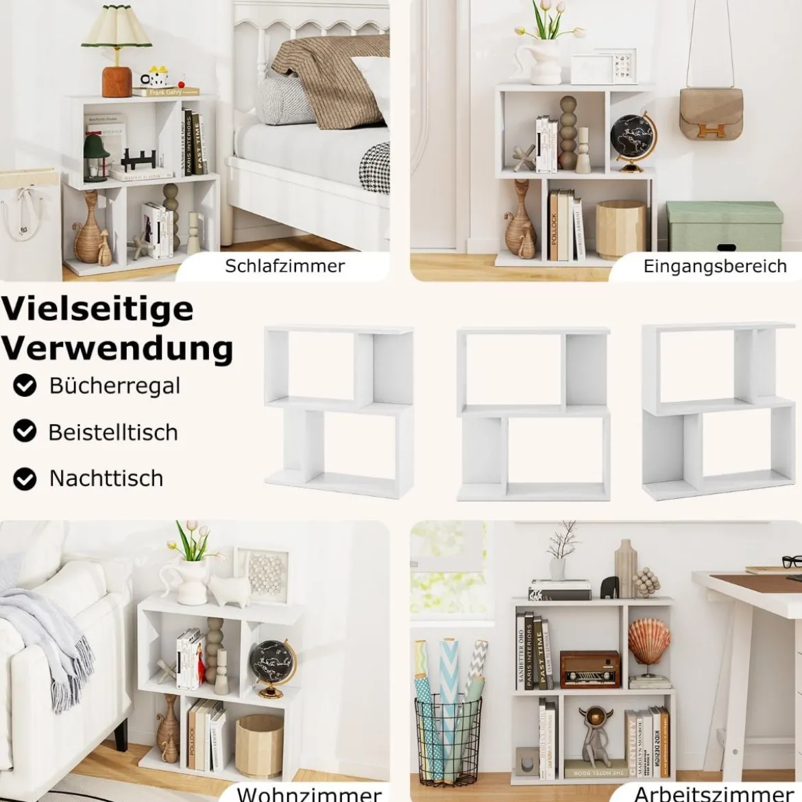 Bücherregal mit 4 Fächern Beistelltisch Couch Nachttisch Sofatisch Raumteiler Holz 50 x 17,5 x 55,5 cm Weiß