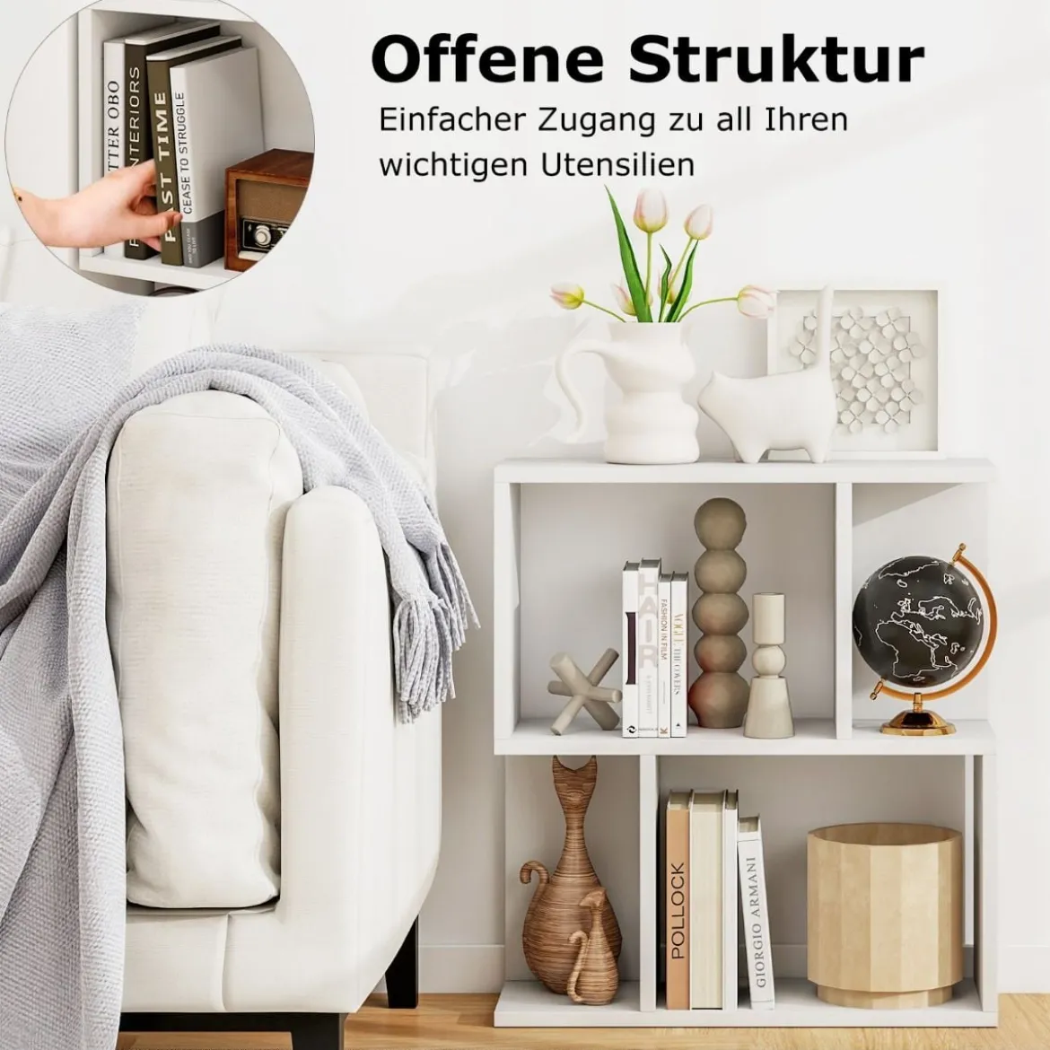 Bücherregal mit 4 Fächern Beistelltisch Couch Nachttisch Sofatisch Raumteiler Holz 50 x 17,5 x 55,5 cm Weiß