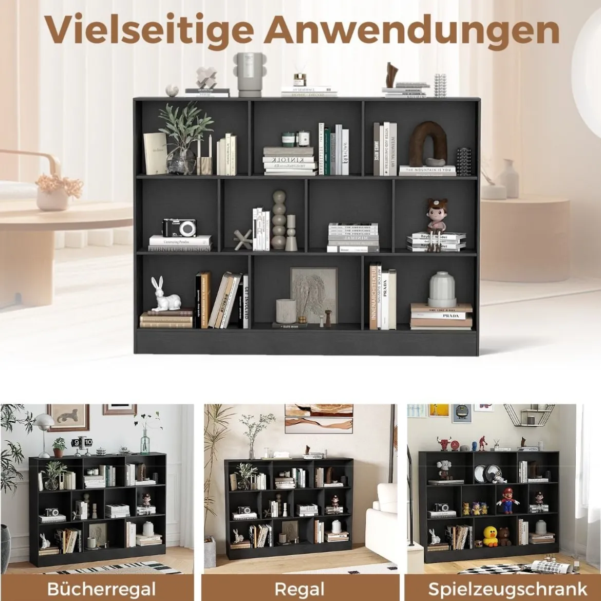 Bücherregal mit 10 Fächern freistehendes Aufbewahrungsregal mit 3 Ebenen und 2 Kippschutz-Sets Schwarz