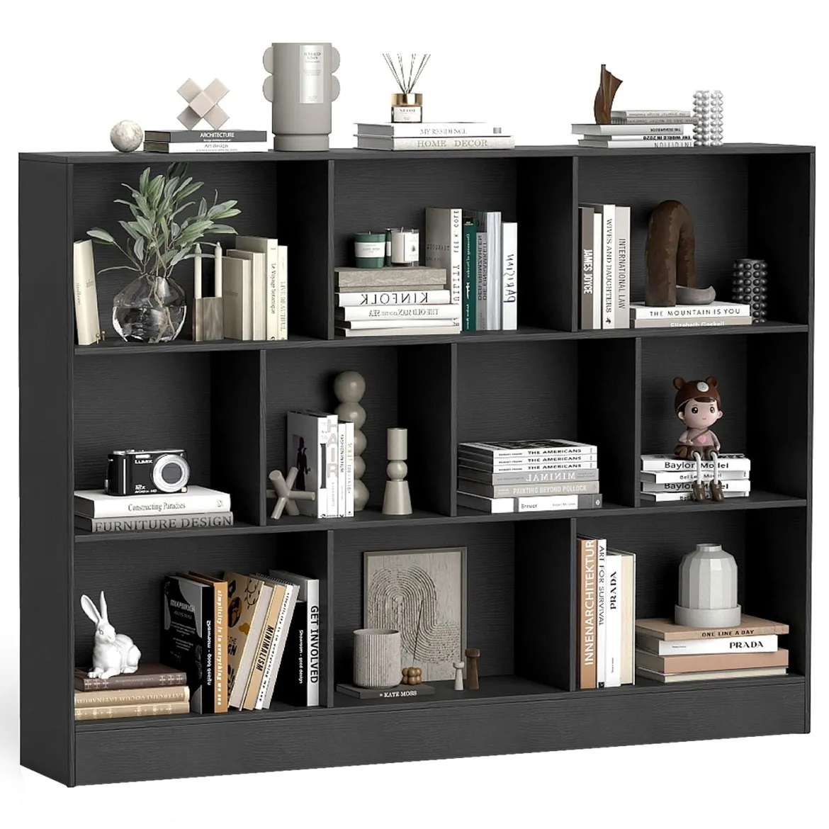 Bücherregal mit 10 Fächern freistehendes Aufbewahrungsregal mit 3 Ebenen und 2 Kippschutz-Sets Schwarz