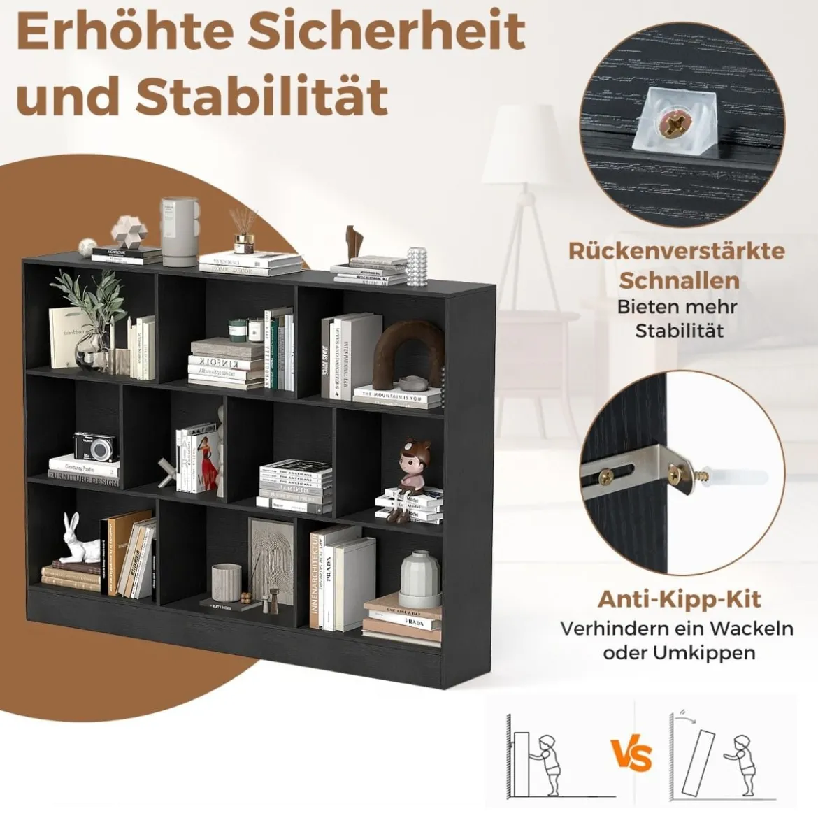 Bücherregal mit 10 Fächern freistehendes Aufbewahrungsregal mit 3 Ebenen und 2 Kippschutz-Sets Schwarz