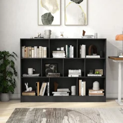 Bücherregal mit 10 Fächern freistehendes Aufbewahrungsregal mit 3 Ebenen und 2 Kippschutz-Sets Schwarz