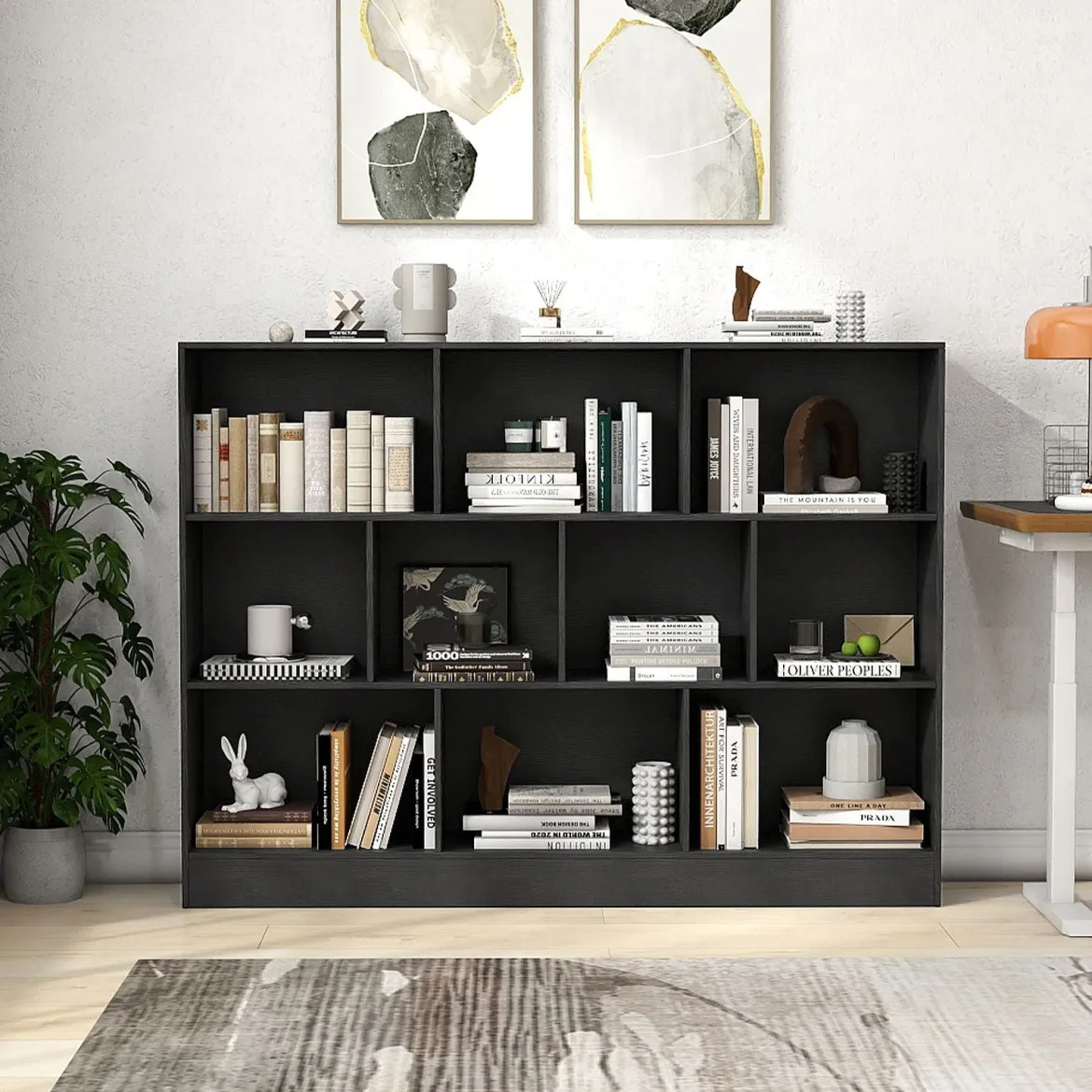 Bücherregal mit 10 Fächern freistehendes Aufbewahrungsregal mit 3 Ebenen und 2 Kippschutz-Sets Schwarz