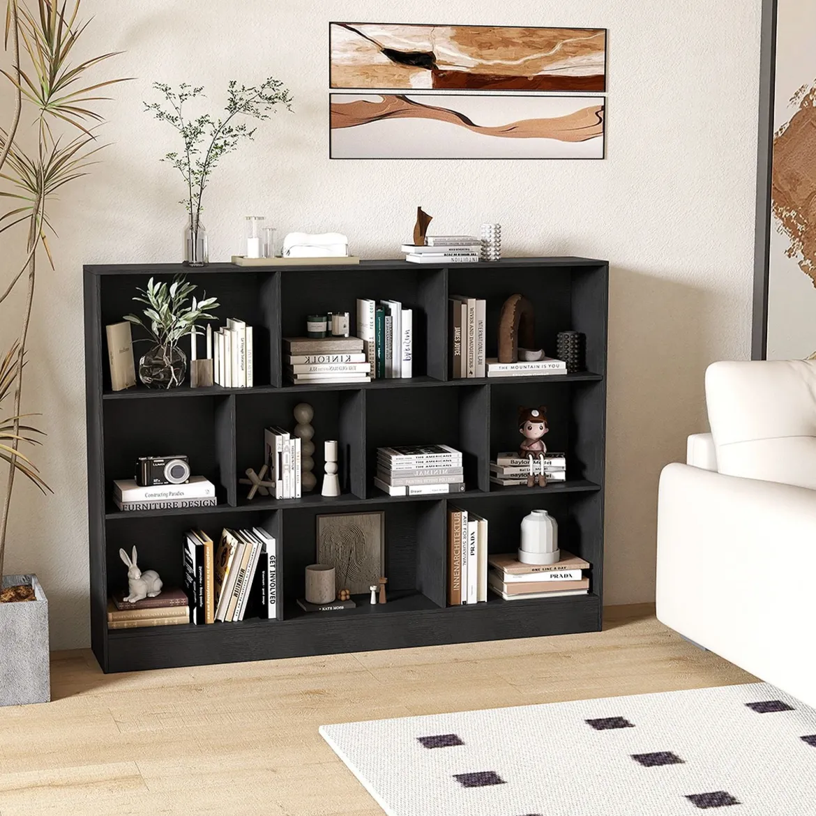 Bücherregal mit 10 Fächern freistehendes Aufbewahrungsregal mit 3 Ebenen und 2 Kippschutz-Sets Schwarz