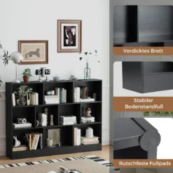 Bücherregal mit 10 Fächern freistehendes Aufbewahrungsregal mit 3 Ebenen und 2 Kippschutz-Sets Schwarz