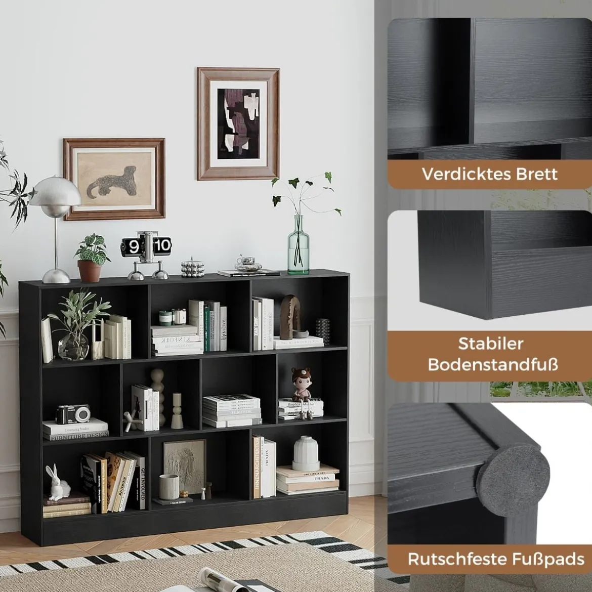 Bücherregal mit 10 Fächern freistehendes Aufbewahrungsregal mit 3 Ebenen und 2 Kippschutz-Sets Schwarz