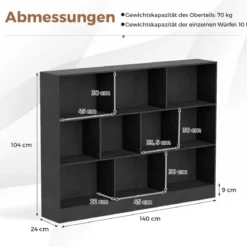 Bücherregal mit 10 Fächern freistehendes Aufbewahrungsregal mit 3 Ebenen und 2 Kippschutz-Sets Schwarz