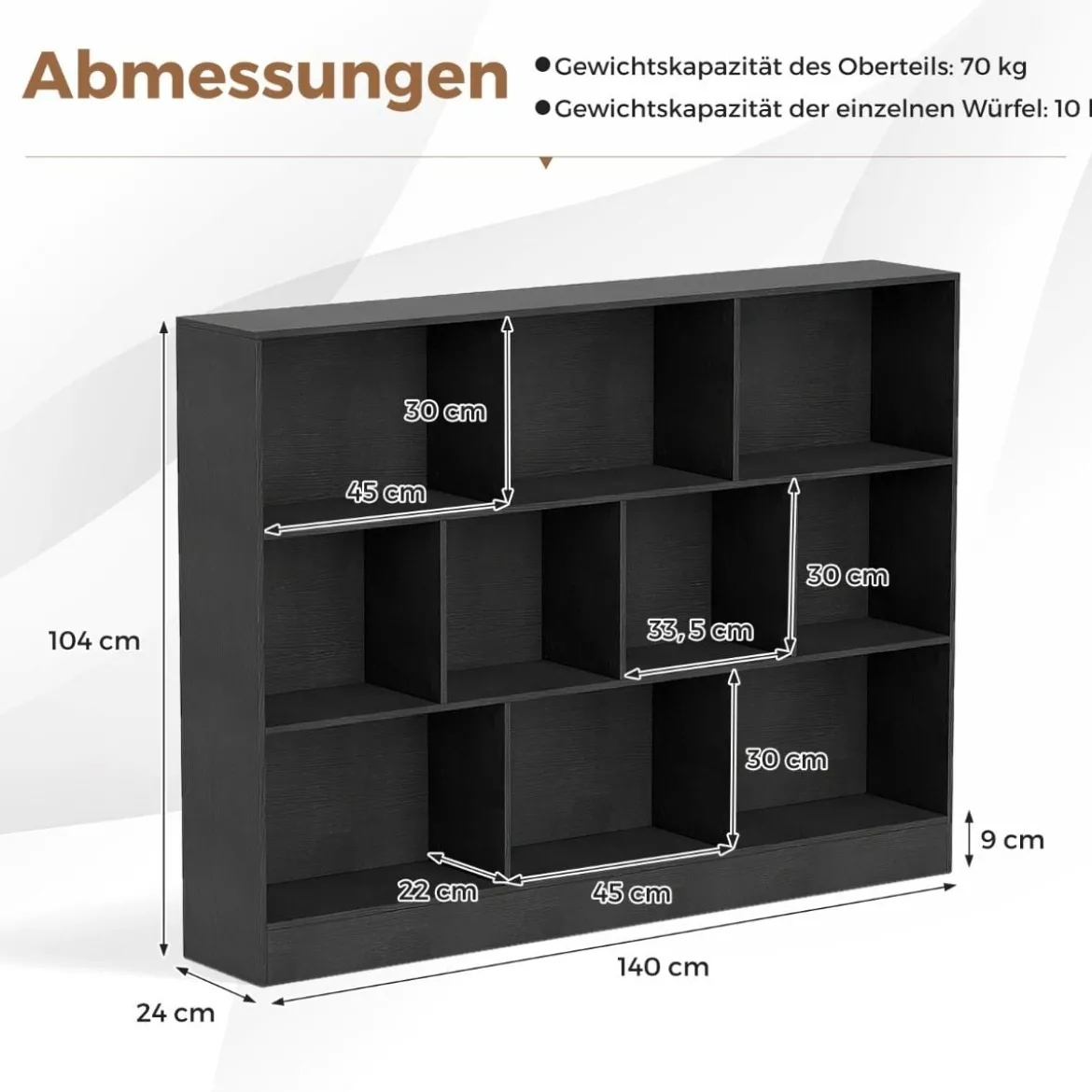 Bücherregal mit 10 Fächern freistehendes Aufbewahrungsregal mit 3 Ebenen und 2 Kippschutz-Sets Schwarz