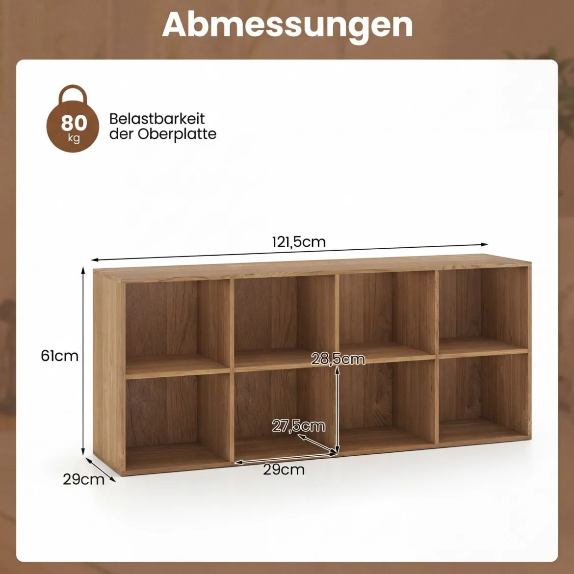 Bücherregal mit 8 Fächern freistehender Bücherschrank mit Kippshutz & rutschfesten Füßen Aufbewahrungsregal Natur