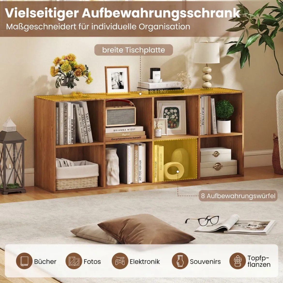 Bücherregal mit 8 Fächern freistehender Bücherschrank mit Kippshutz & rutschfesten Füßen Aufbewahrungsregal Natur