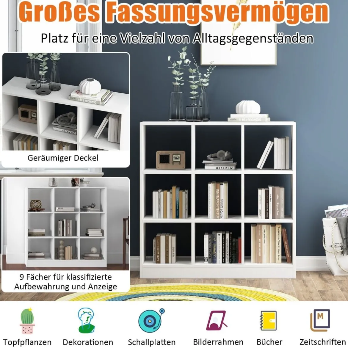 Bücherregal mit 9 Fächern Raumteiler Regal Würfelregal Standregal 107,5 x 33 x 107,5 cm Weiß