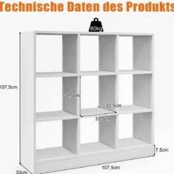 Bücherregal mit 9 Fächern Raumteiler Regal Würfelregal Standregal 107,5 x 33 x 107,5 cm Weiß
