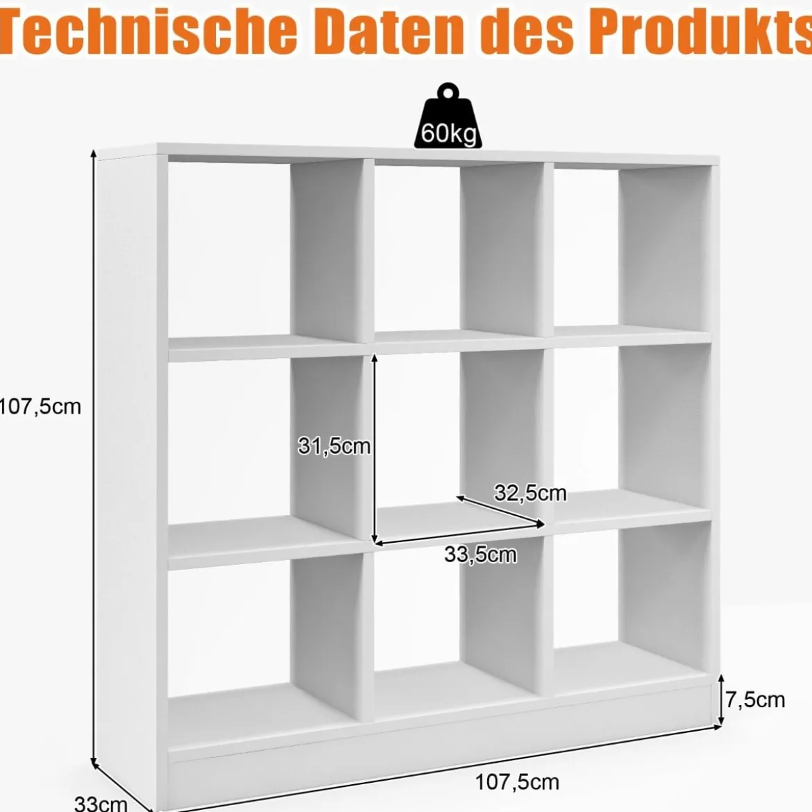 Bücherregal mit 9 Fächern Raumteiler Regal Würfelregal Standregal 107,5 x 33 x 107,5 cm Weiß