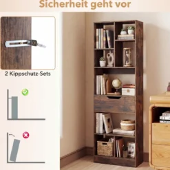 Bücherregal mit 8 Fächern & Schublade Bücherschrank mit Rutschfesten Fußkappen 50 x 24 x 155 cm