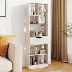 Bücherregal mit 8 Fächern & Schublade Bücherschrank mit Rutschfesten Fußkappen 50 x 24 x 155 cm